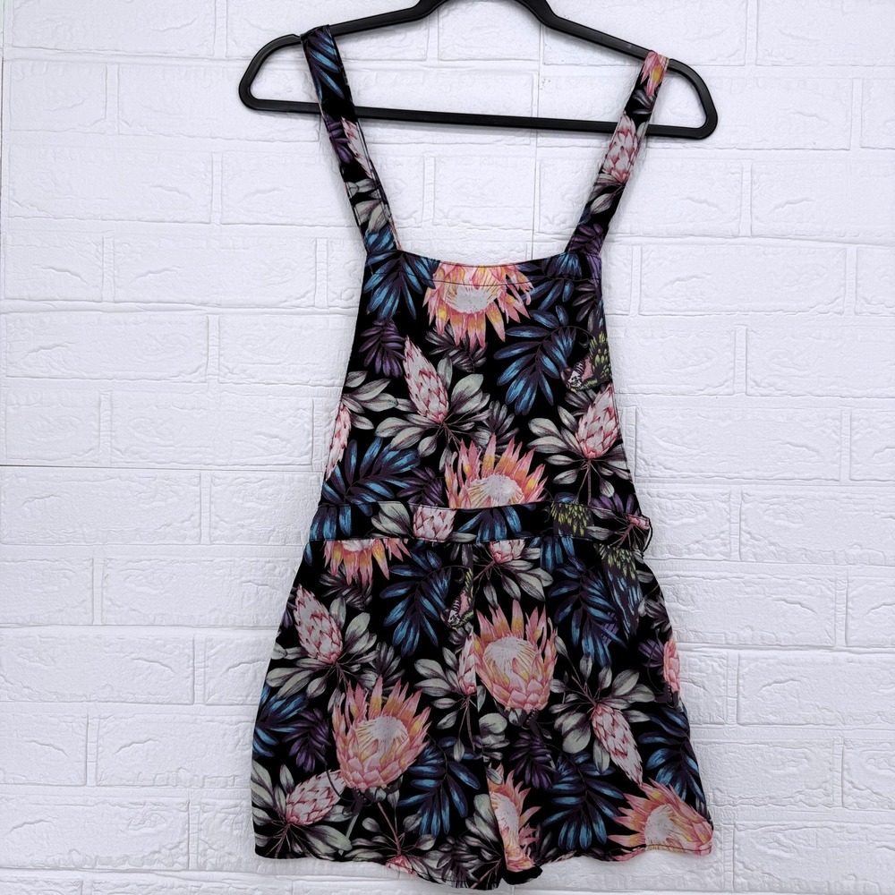 H&M Divided Floral Romper Womens 6 Black Pink Tropical Protea Tie Back Overalls